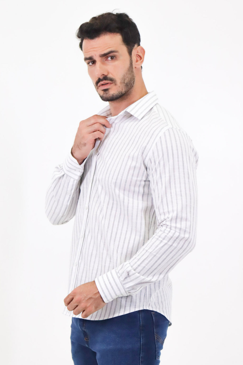 CAMISA SOCIAL MANGA LONGA SLIM FIT LISTRAS DUPLA