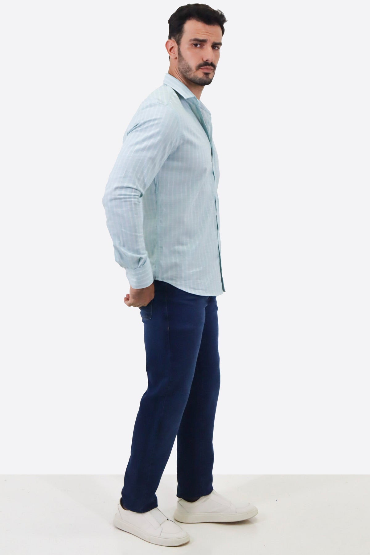 CAMISA SOCIAL MANGA LONGA SLIM FIT LISTRAS DUPLA