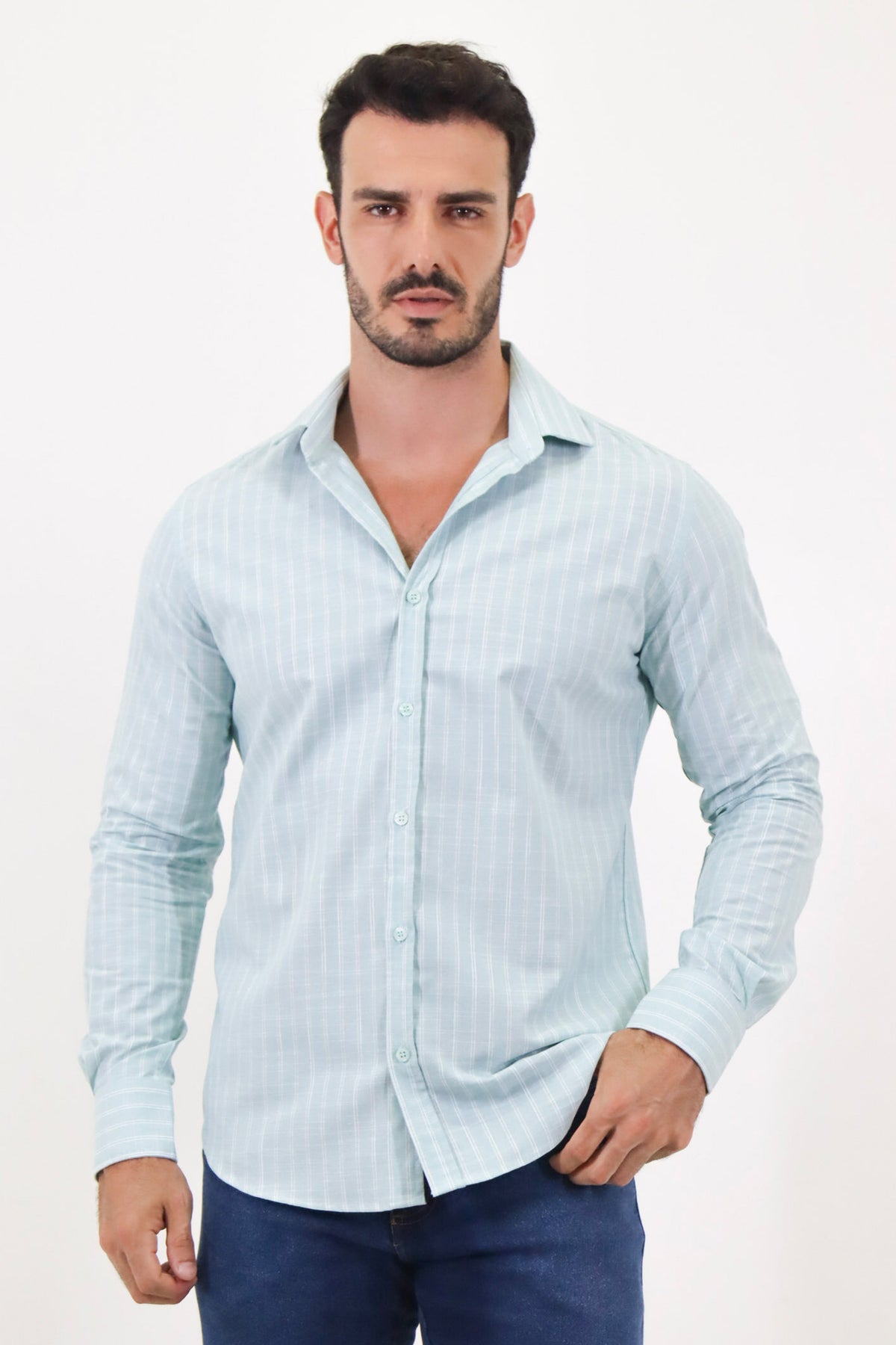 CAMISA SOCIAL MANGA LONGA SLIM FIT LISTRAS DUPLA