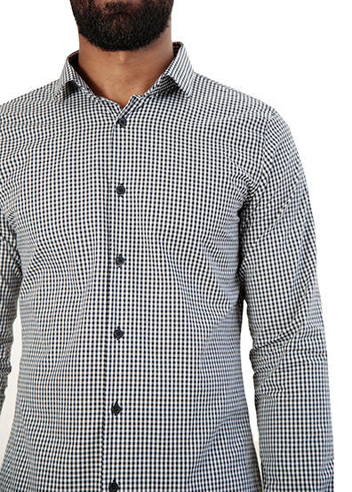 CAMISA MANGA LONGA SLIM FIT XADREZ MINI AZUL NOITE/BRANCO