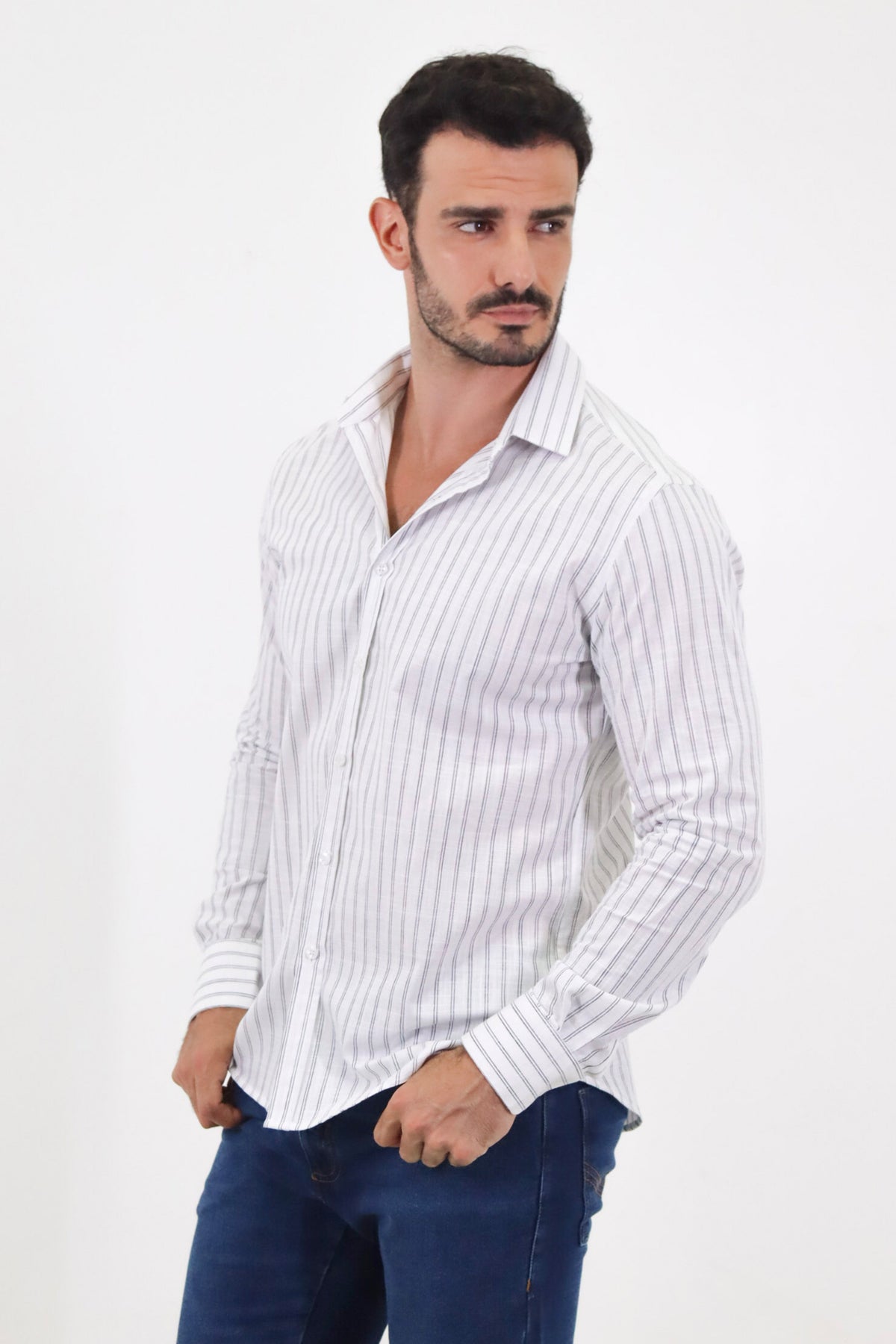 CAMISA SOCIAL MANGA LONGA SLIM FIT LISTRAS DUPLA