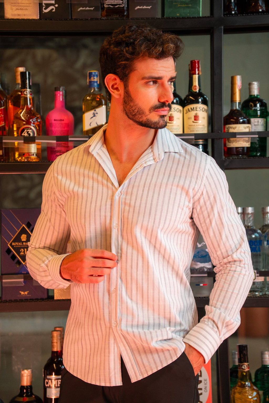 CAMISA SOCIAL MANGA LONGA SLIM FIT LISTRAS DUPLA