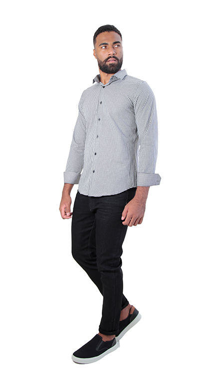 CAMISA MANGA LONGA SLIM FIT XADREZ MINI AZUL NOITE/BRANCO